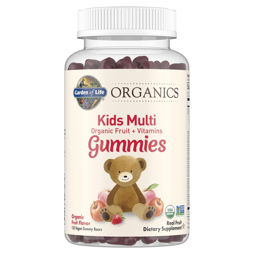 Garden of Life Organics Kids Gummy Vitamins - Fruit - Certified Organic, Non-GMO & Vegan Complete Children's Multi - B12, C & D3 - Gluten, Soy &amp; Dairy Gratis, 120 Real Fruit Chew Gummies