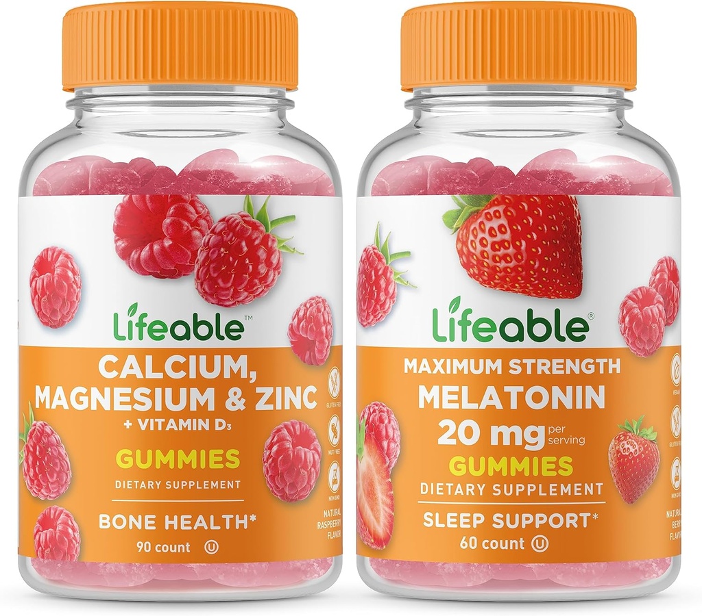 Calcio, Magnesio, Zinc &amp; Vitamina D + Melatonina 20mg, Gummies Bundle - Gran Tasting, Suplemento de Vitamina, Gluten Gratis, GMO Gratis, Chewable Gummy