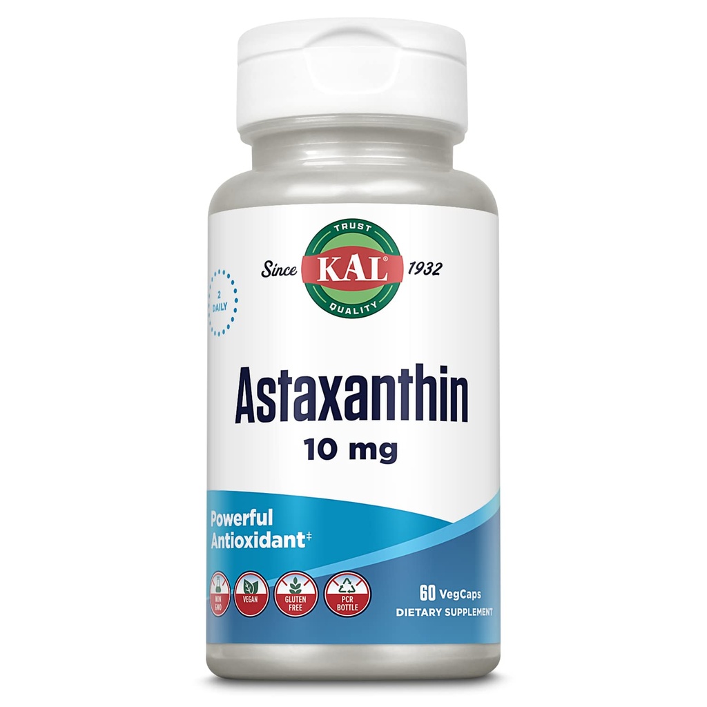 KAL Astaxanthin 10mg, Powerful Antioxidants Suplemento, Eye Health and Brain Supplement, From Natural Plant Source, Non-GMO, Vegan, Gluten Free, 30 Servings, 60 VegCaps
