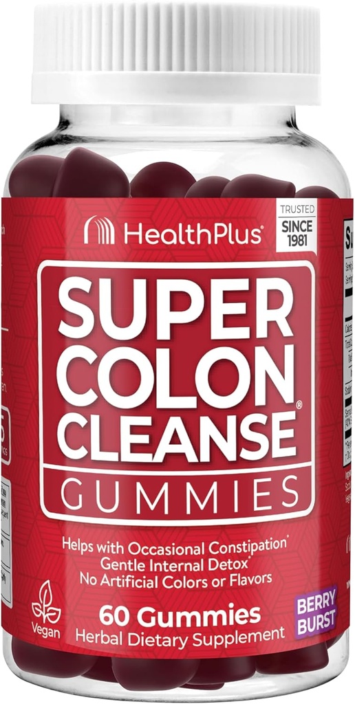 Salud Plus Super Colon Cleanse Gummies 15 Day Supply of Gentle Overnight Relief from Occasional Constipation, Natural Senna Leaf Extract, Dietary Supplement, Mixed Berry Flavor, 60 Count