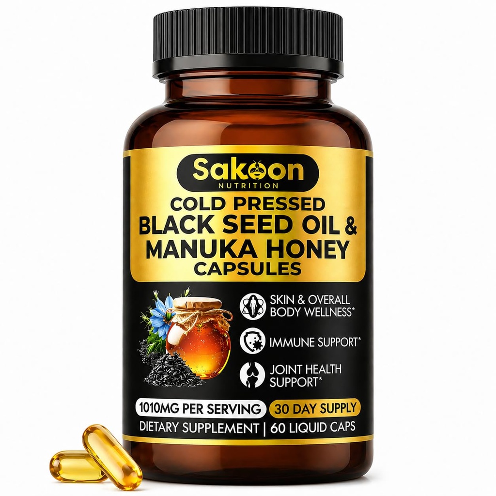 Black Seed Oil Capsules - Con New Zealand Manuka Honey, Cold Pressed Turkish Nigella Sativa Oil, 2% Thymoquinone, Immune &amp; Digestive Support, Made in USA, 60 Cuenta, 1010 mg por servir
