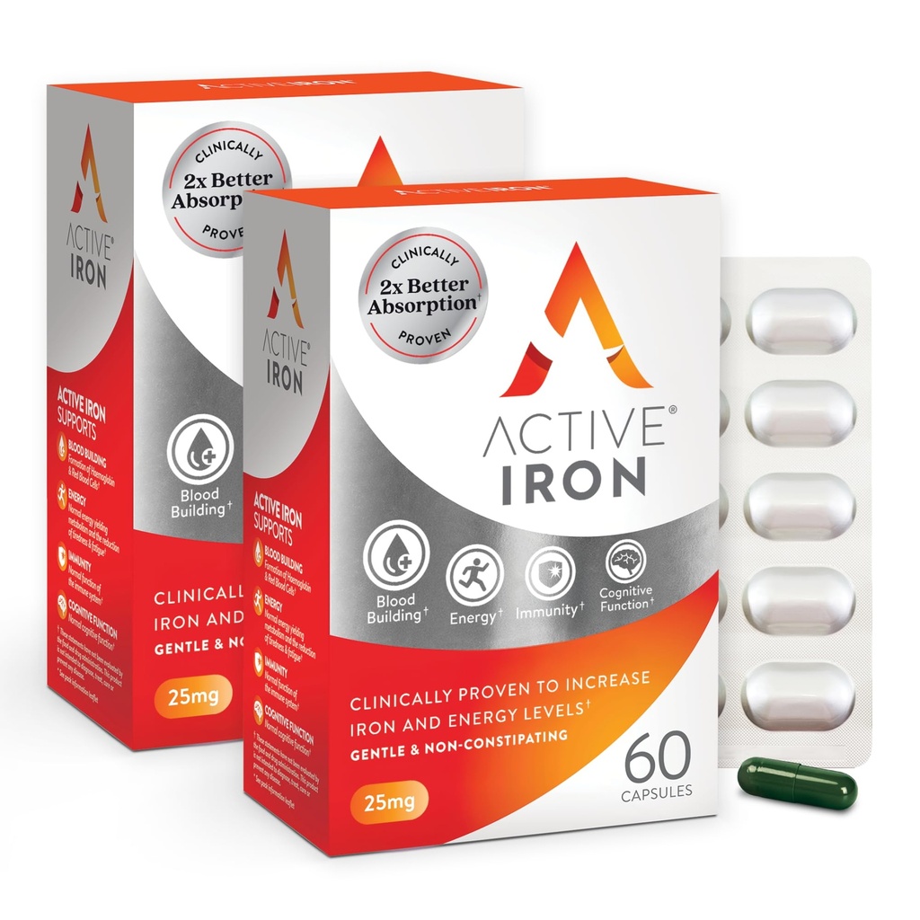Suplemento activo de hierro 25 mg – Probado clínicamente para aumentar los niveles de energía de hierro – suave, no exigente, altamente absorbido – 120 cápsulas