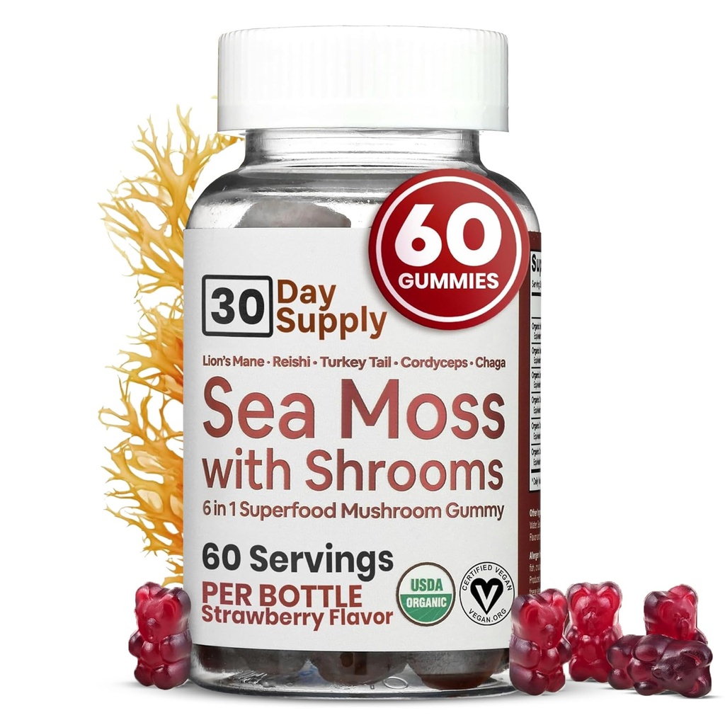 Sea Moss Gummies with Lions Mane Mushroom - Sea Moss Gel Alternativa con Irish Moss, Reishi, Cordyceps, Chaga & Turquía Tail Suplemento - Focus Gummy Sin Café- 60 ct