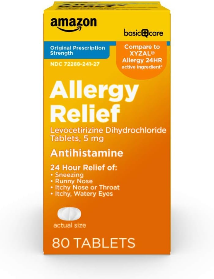 Cuidado básico 24 horas Alivio de la alergia, Levocetirizine Dihidrocloruro Tabletas, 5 mg Antihistamínico para estornudar, nariz de rubí, picazón de nariz o garganta y picazón, ojos acuosos, 80 conde Pack