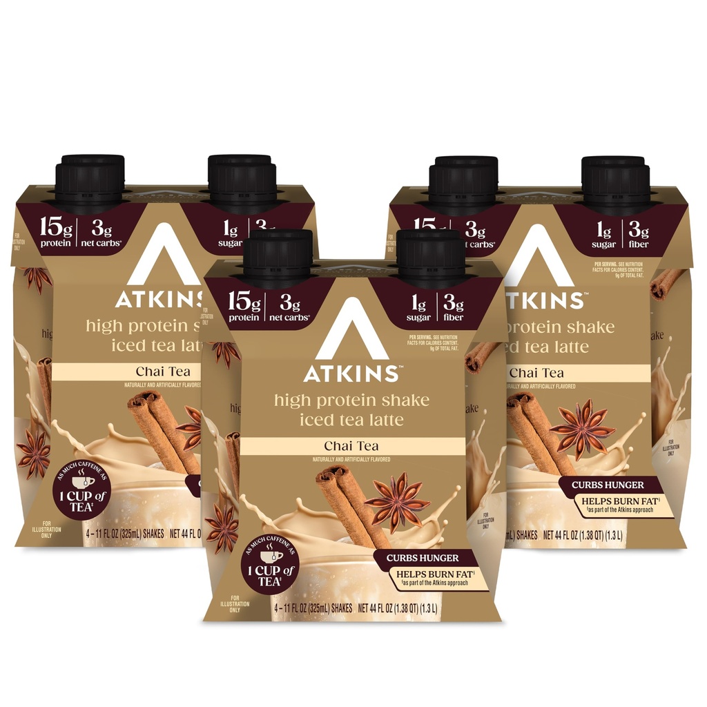 Chai Tea Latte Flavored Protein Shake, High Protein Shake, Low Glycemic, Low Carb, Low Sugar, Keto Friendly, Gluten Free, 12 cuentan (3 sets de 4)