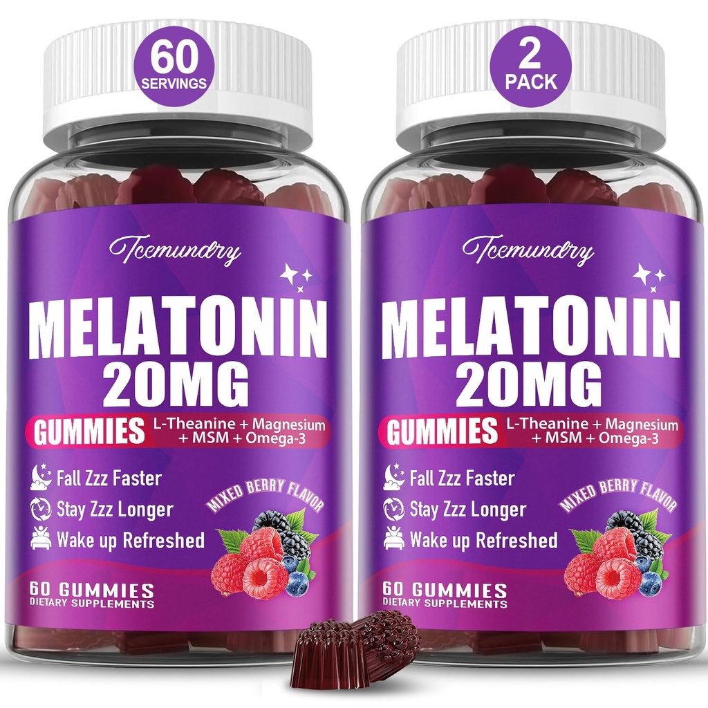 Melatonin Gummies 20mg para adultos - Maximum Strength Melatonin Gummies with L-Theanine, Magnesium, Omega-3, MSM, D3 " Zinc - Non-Habit Forming, Vegan, Non GMO, Natural Mixed Berry Flavor