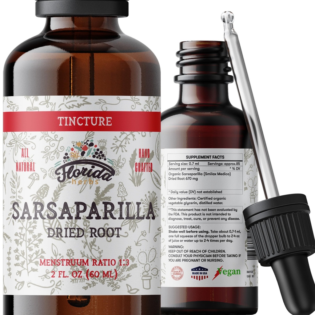 Sarsaparilla Tintura, Extracto de Sarsaparilla Orgánica (Smilax Medica) Bota seca, No GMO en Glice vegetal orgánica prendida en frío 2 oz, 670 mg