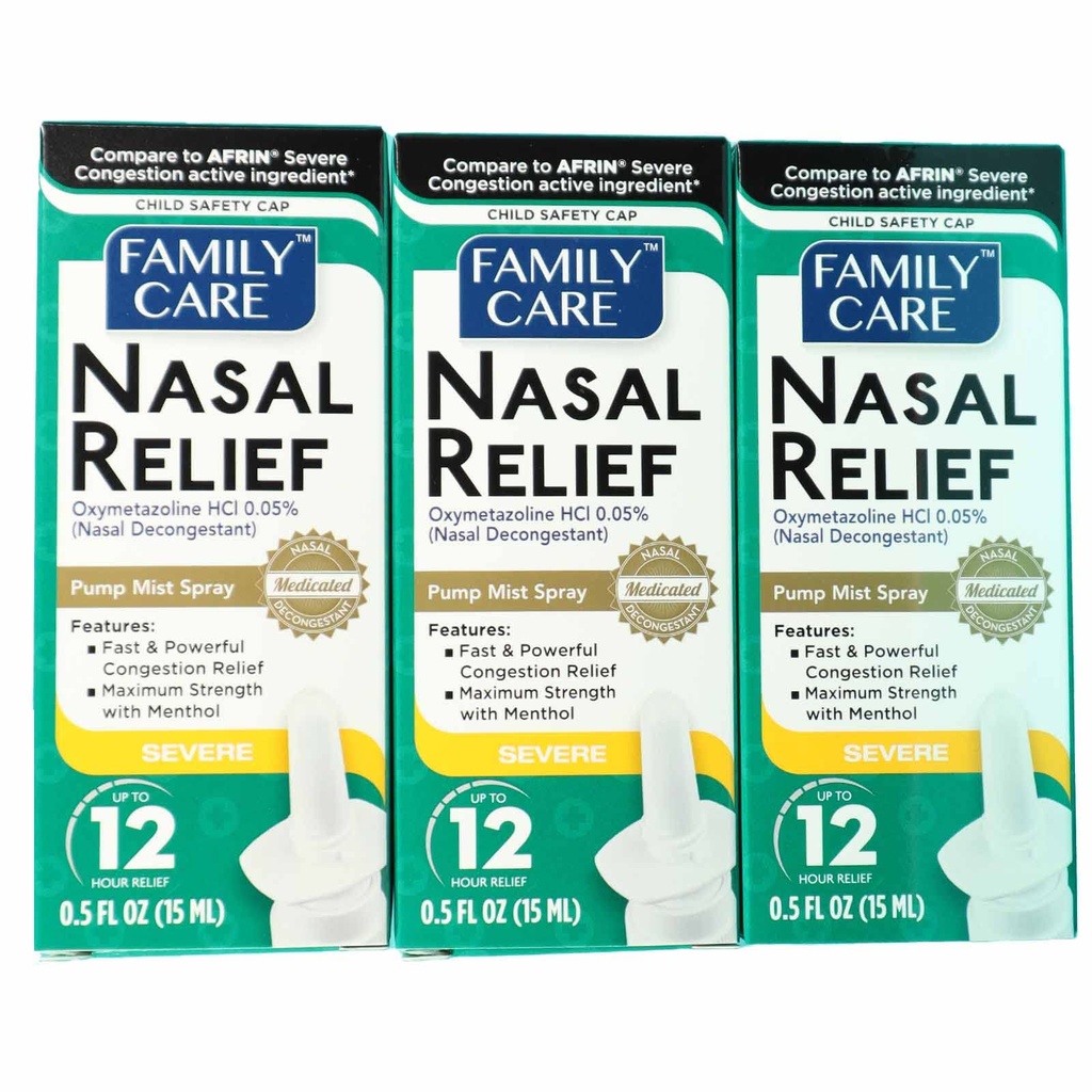 FamilyCare Nasal Relief Spray, Pump Mist, Anti-drip, Severe Congestion, (Oxymetazoline HCI) 12 Horas, 3 Pack