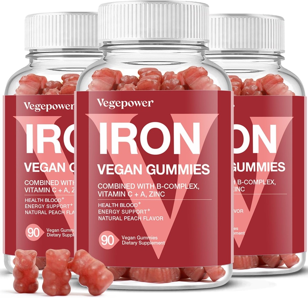 Gummies de hierro Suplementos para niños de mujeres - Multivitamina con hierro para oxígeno de sangre, grandes vitaminas de Gummy con vitamina C para absorción máxima - Chewable vegano, Peach Flavor(3 paquetes)