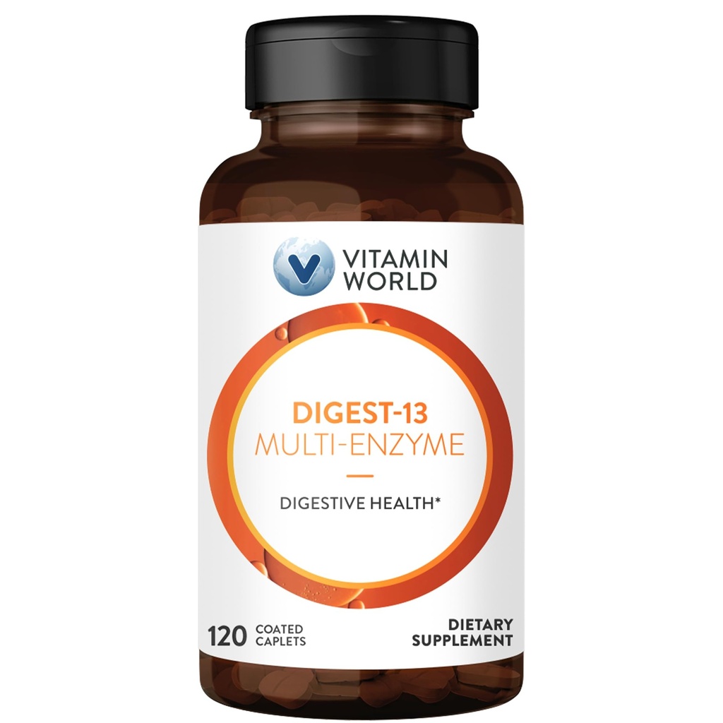 Vitamina World Digest-13 Multi-Enzyme, 1010mg Digestive Enzymes Blend with Amylase, Bromelain, Papain &amp; Lipase for Digestion and Absorption, Digestive Enzymes for Bloating & Gas, 120 Caplets