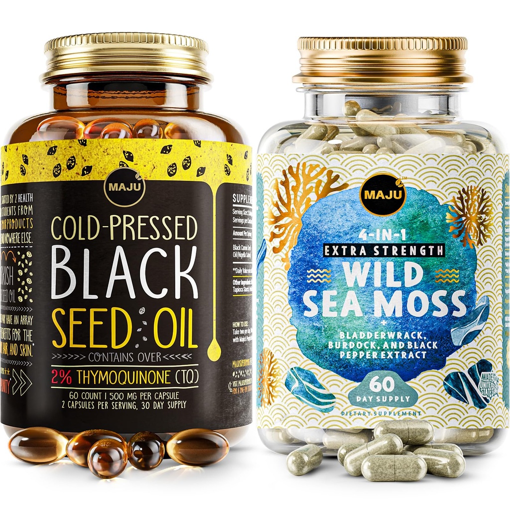 Maju Superfoods 4-en-1 Sea Moss Capsules y Black Seed Oil Capsules Bundle