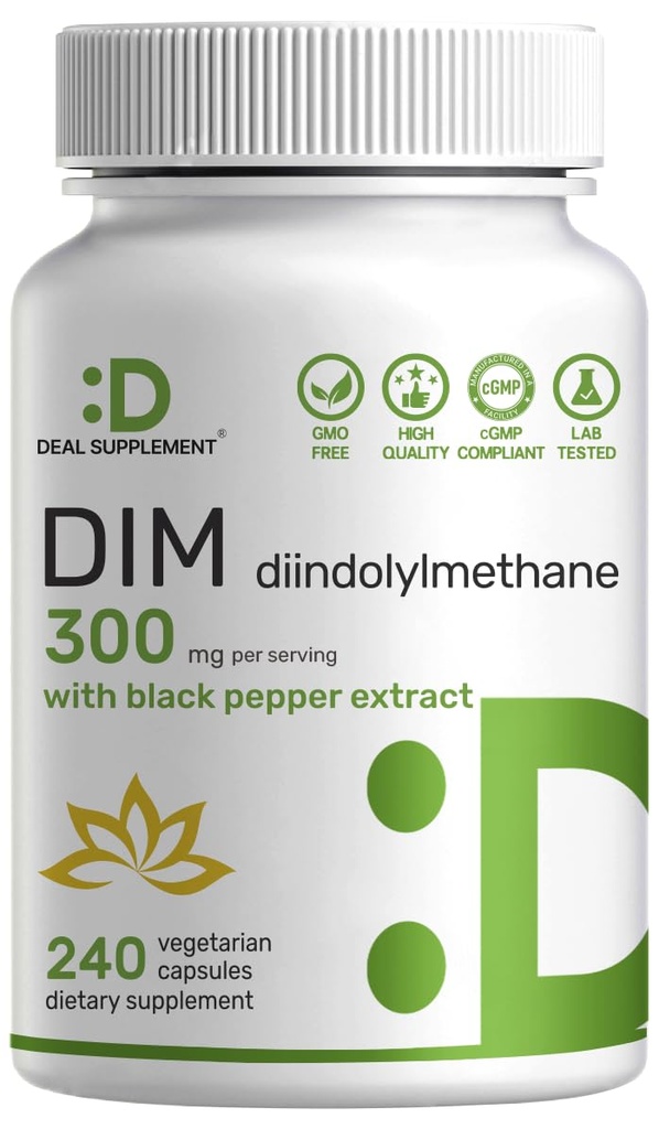 DIM Suplemento 300mg, 240 Caps, 4 Meses de Suministro Ø Estrógeno Balance para Hombres &amp; Mujeres Vida Diindolylmethane Plus Black Pepper Extract for Enhanced Absorption