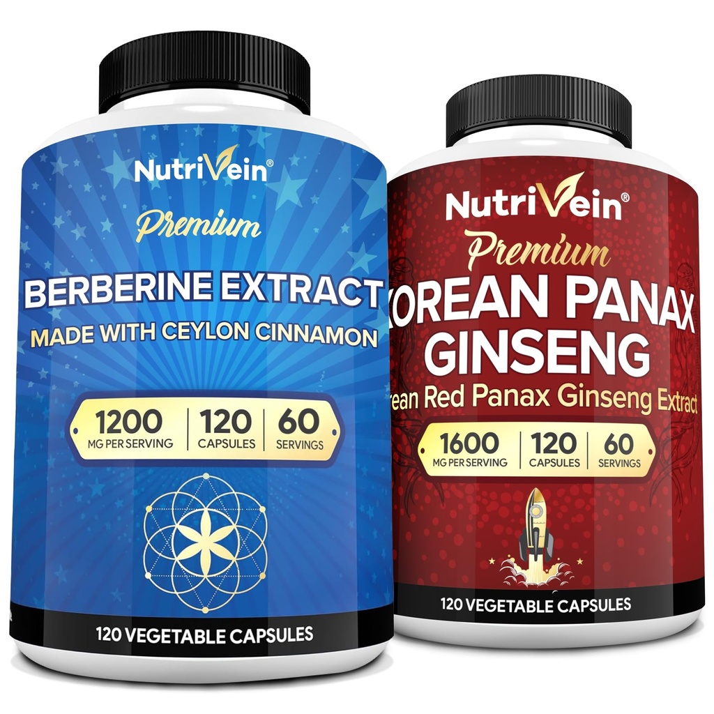 Nutrivein Premium Korean Panax Ginseng Suplemento " Berberine Supplements Bundle: High-Absorption Berberine Complex " Genuine Red Ginseng Bundle for Daily Clarity, Vitality, " Wellness