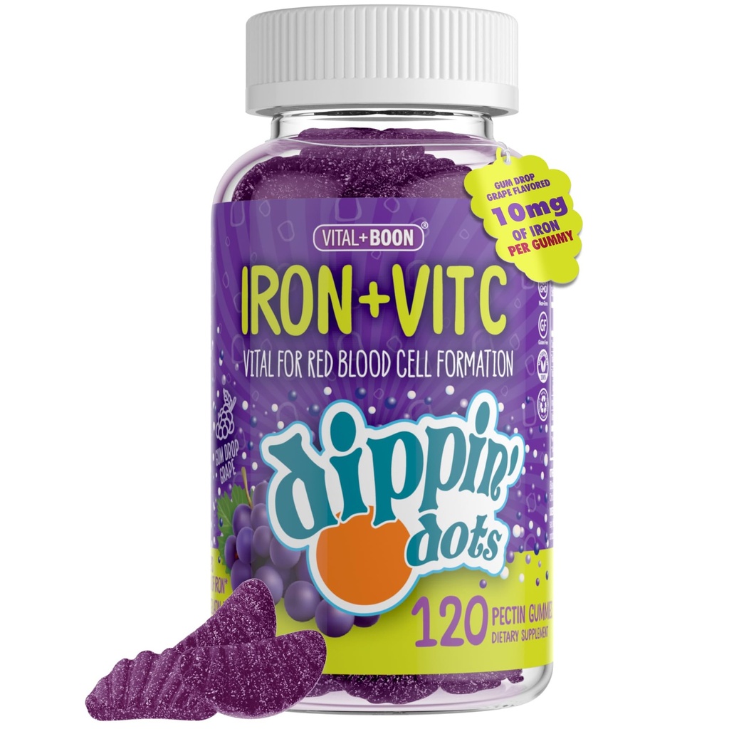 Hierro con vitamina C &amp; B12 Gummies (120 Conde) Vital para la formación de células rojas de sangre ¦ Gum Drop Grape Real Pectin Fruit Chew Suplementos ANTE Vegan, No GMO, Gluten Free &amp; Gelatin Free