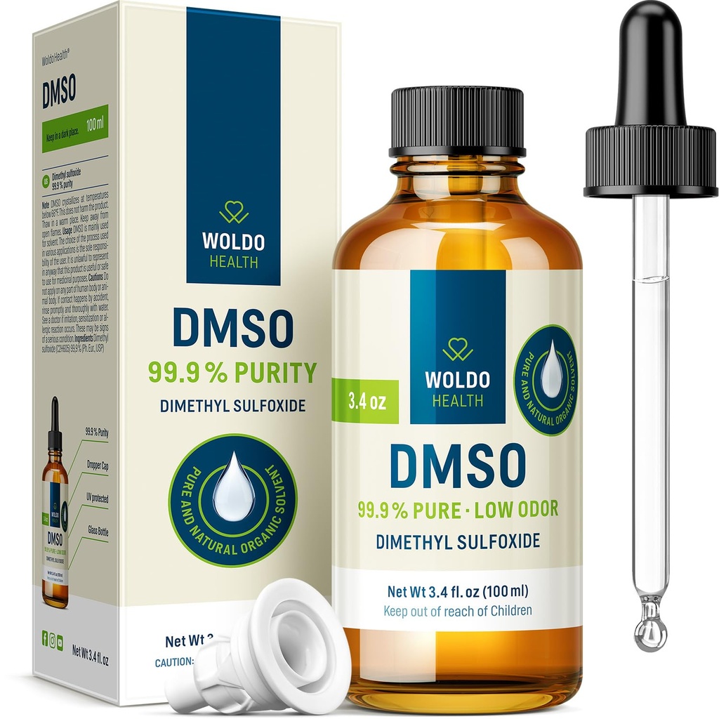 WoldoHealth DMSO 99.9% Pharmaceutical Grade 3.38 fl. oz - FT-IR Verified Dimethyl Sulfoxide, Low Odor Solvent in Glass Bottle with Dropper