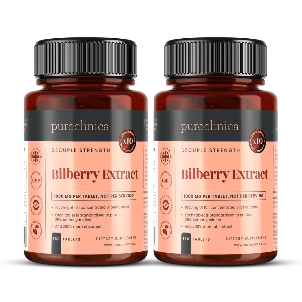 purclinica Bilberry Extracto 10.000mg x 360 Tabletas (2 Botellas) - 10 X Más Anthocyanidins w / 5mg Black Pepper Extract
