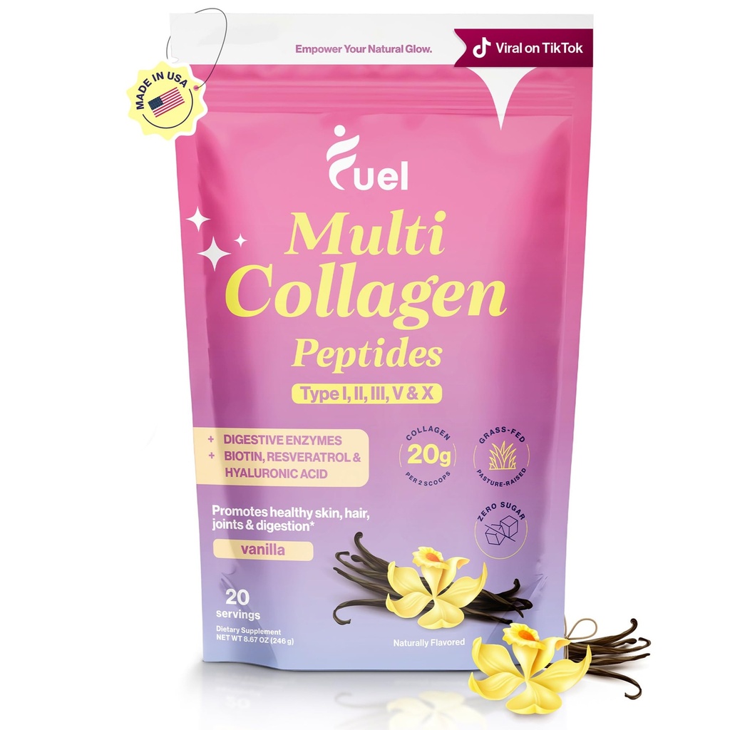 Péptidos multi colágeno de combustible Polvo – 20g Collagen hidrolizado I, II, III, V &amp; X para el cabello, piel, uñas &amp; soporte conjunto – mejor absorción – Keto & Gluten Free, French Vanila 8.67oz
