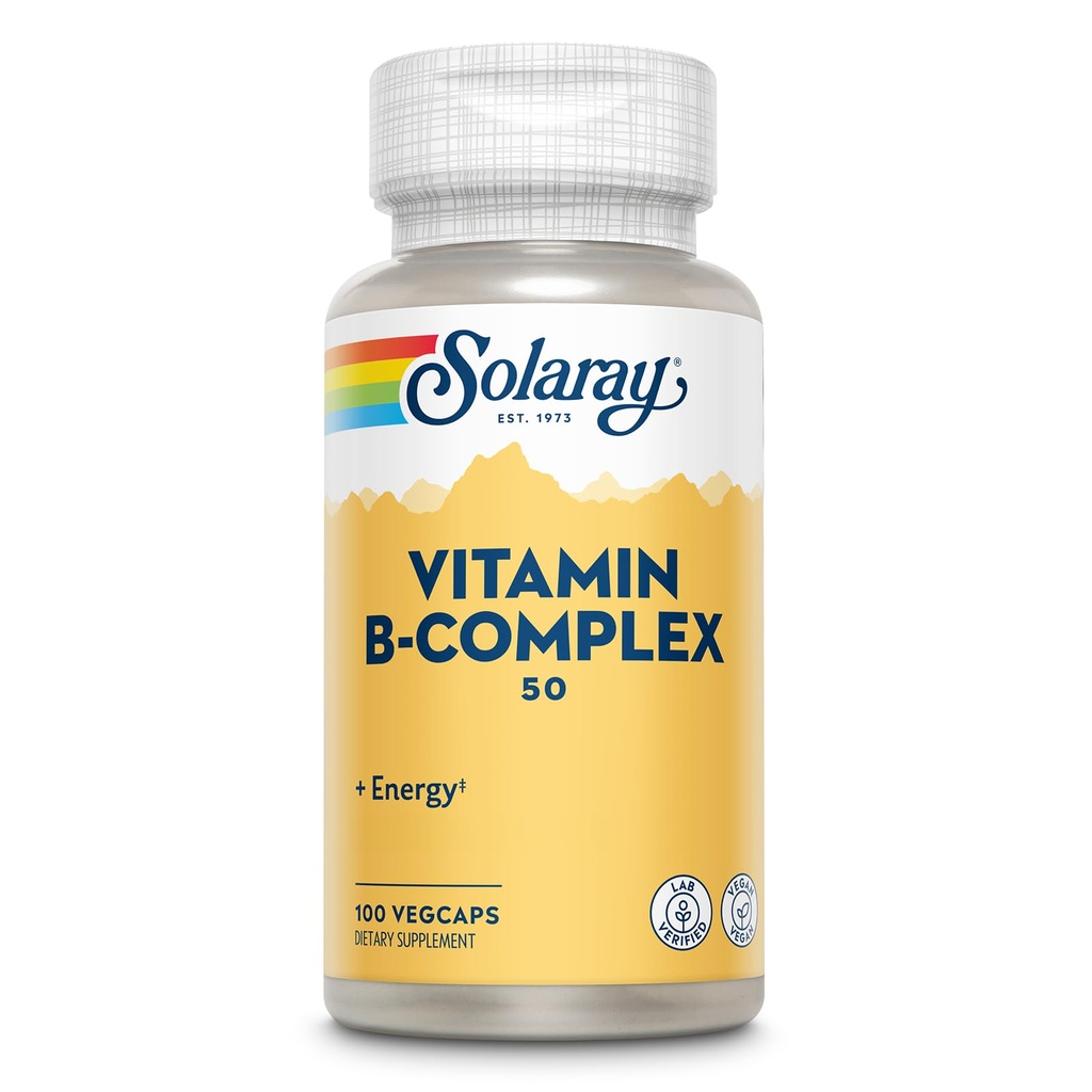SOLARAY Vitamina B Complejo 50 mg - Vitaminas Celulares de Energía - Metabolismo y Nerve Salud Apoyo con Vitamina B12, Vitamina B1, B6, Niacina, Ácido Fólico, Biotina y Otras vitaminas B - Vegan, 100 VegCaps