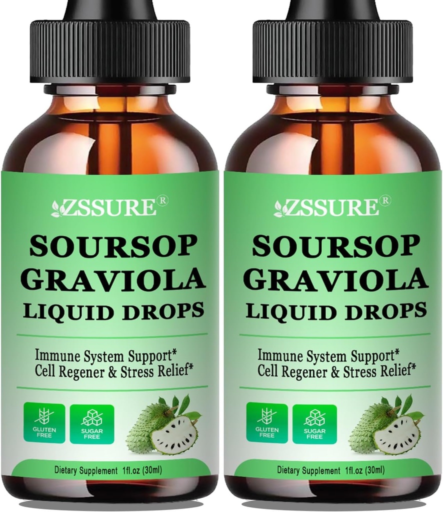 (2 Pack) Soursop Graviola Leaf Liquid Drop ¦ Soursop Bitters Liquid w/Sea Moss, Vitamina C &amp; Cinnamon for Cell Support &amp; Regeneración, Inmunity, Liver, Zzz & Antioxidante ← Absorción Vegan