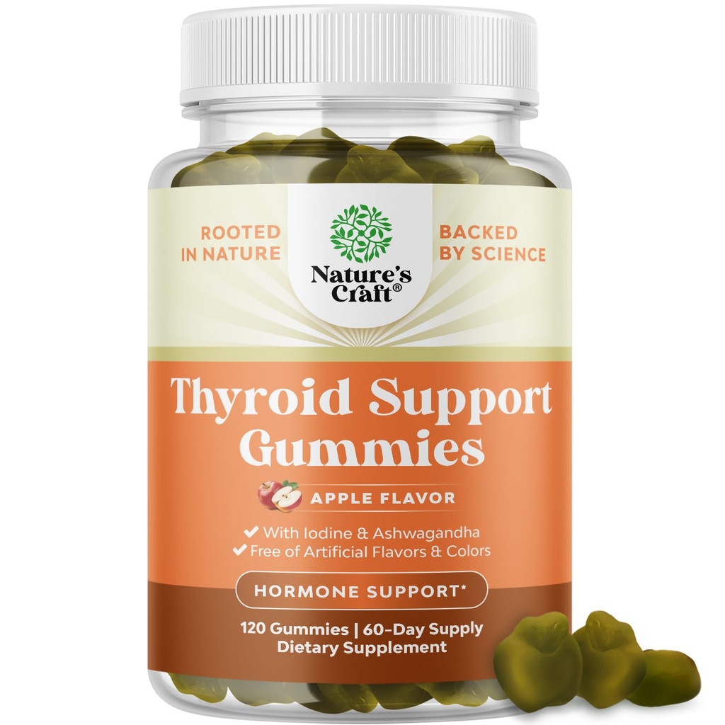 Naturalezas Artesanías de tiroides Vegan con musgo de mar - Tiroides de apoyo Gummies para soporte integral para hombres y mujeres con yodo Selenio y otras vitaminas Potente - Gelatina libre No GMO 120