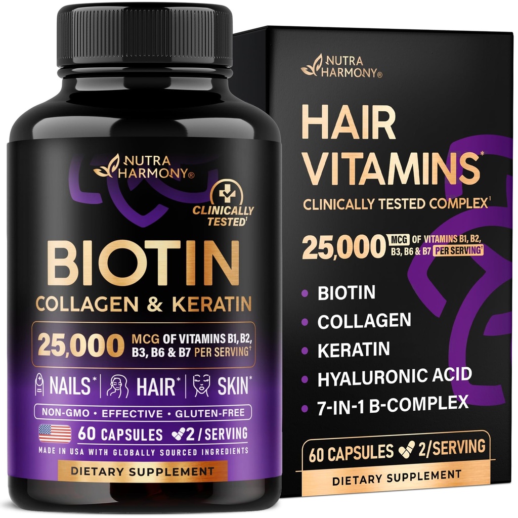 NUTRAHARMONY Biotin ANTE Collagen ANTERI Hyaluronic Acid TEN Keratin - Apoyo Normal Ciclo de Crecimiento del Cabello - Esquí &amp; uñas - 25000mcg Vitaminas B1, B2, B3, B6 &amp; B7 - para Hombres de Mujeres - Made in USA ← 60 cápsulas
