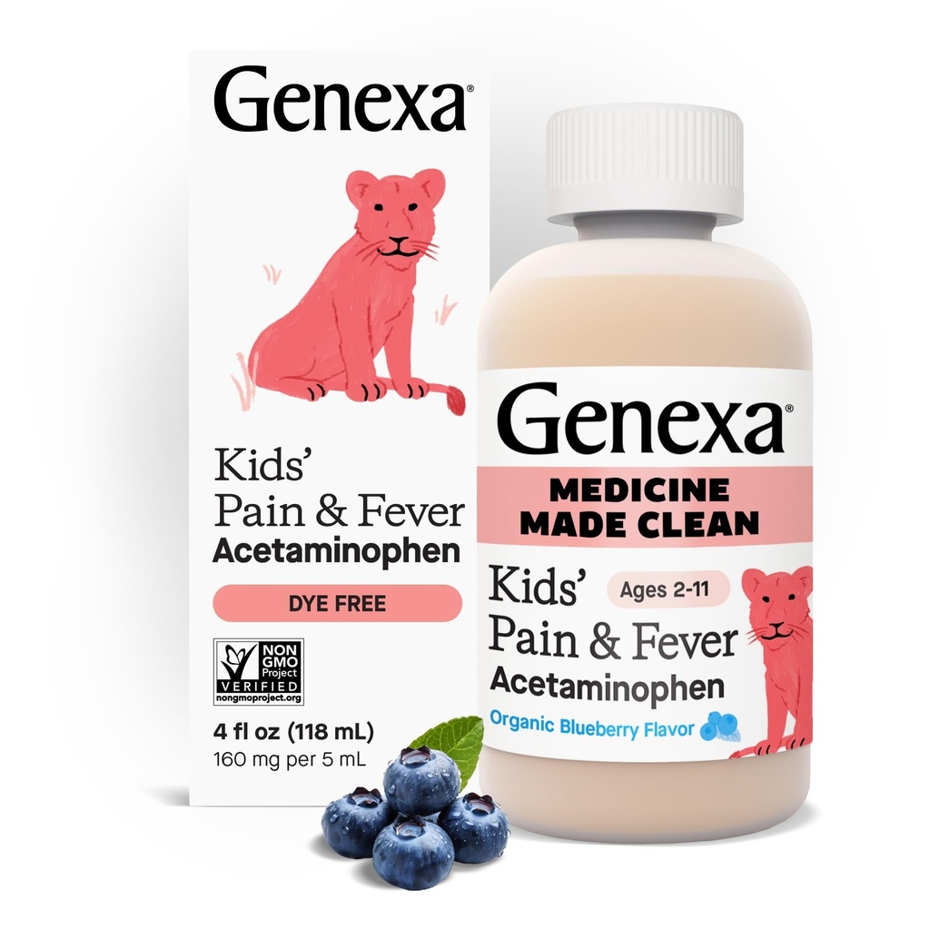 Genexa Acetaminofén limpio para niños ← Ingredientes preferidos por pediatra tóxico Dolor " Fever Reductor para niños TENIDO Dye Gratis, 0% Aditivos artificiales TENIDO Edades 2-11, Delicious Organic Blueberry Liquid, 4 fl oz