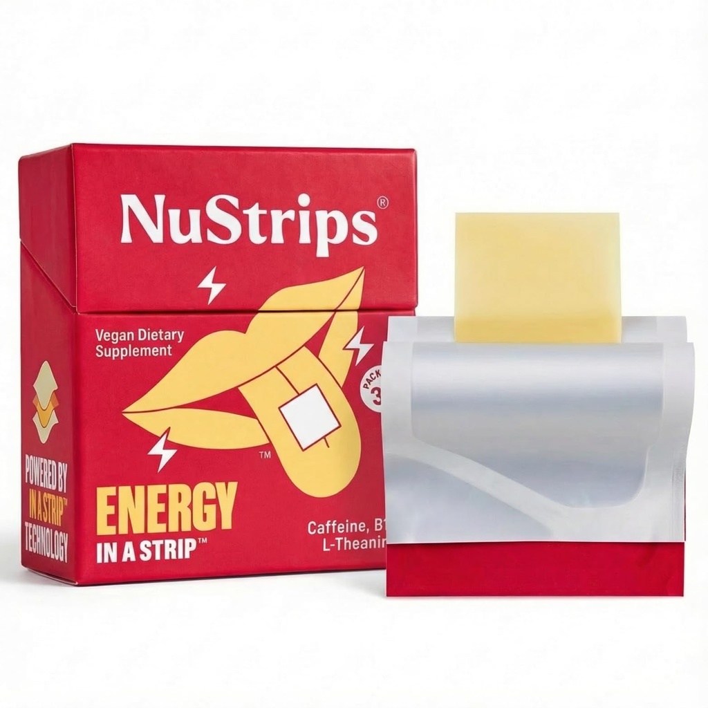 NuStripsTM Fast-Dissolving Energy Strips with 50mg Caffeine, L-Theanine & Vitamin B12 – Instant Energy & Focus Without Jitters or Crash – Works Faster Than Coffee – Soothing Cinnamon (30 Pack)