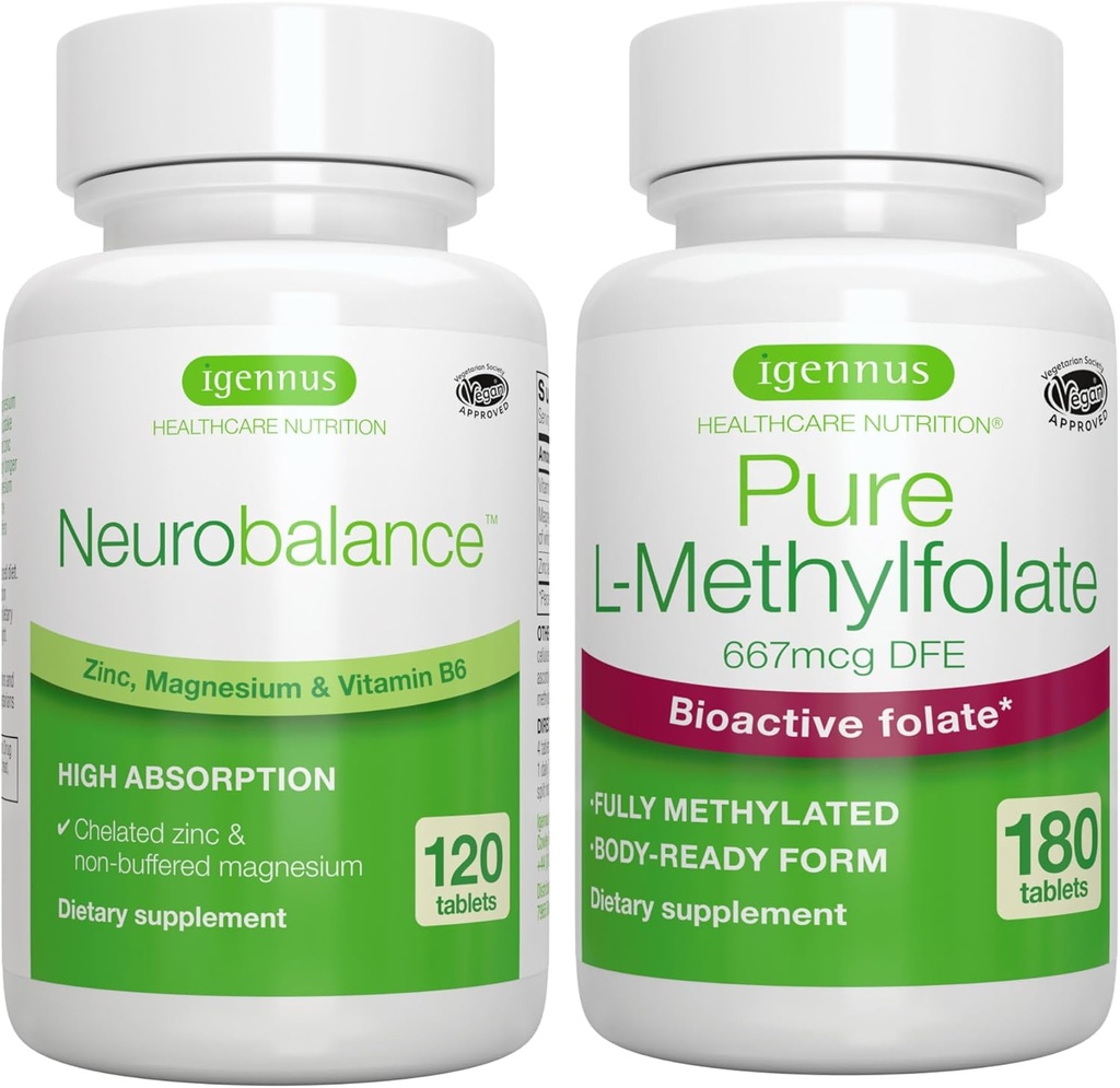 Neurobalance Zinc, Magnesium & Vitamina B6 + Pure Folate 400mcg Vegan Bundle, Chelated Zinc Picolinate 24mg, Oxide-Free Magnesium & Vitamina B6 + Optimizado L-Methylfolate, por Igennus