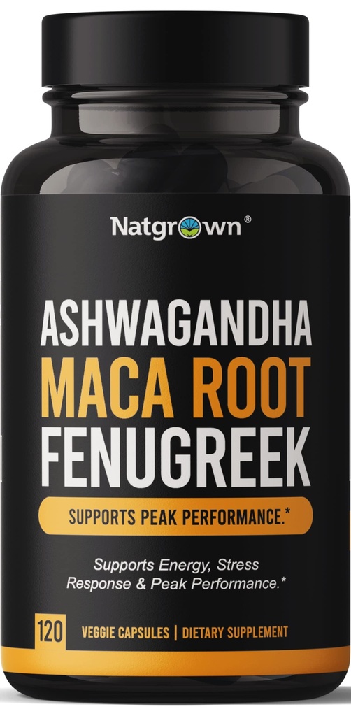 Natgrown Ashwagandha Maca Root Fenugreek Extract Capsules Suplemento para Hombres &amp; Mujeres - Píldoras Veganas - (120 Conde)