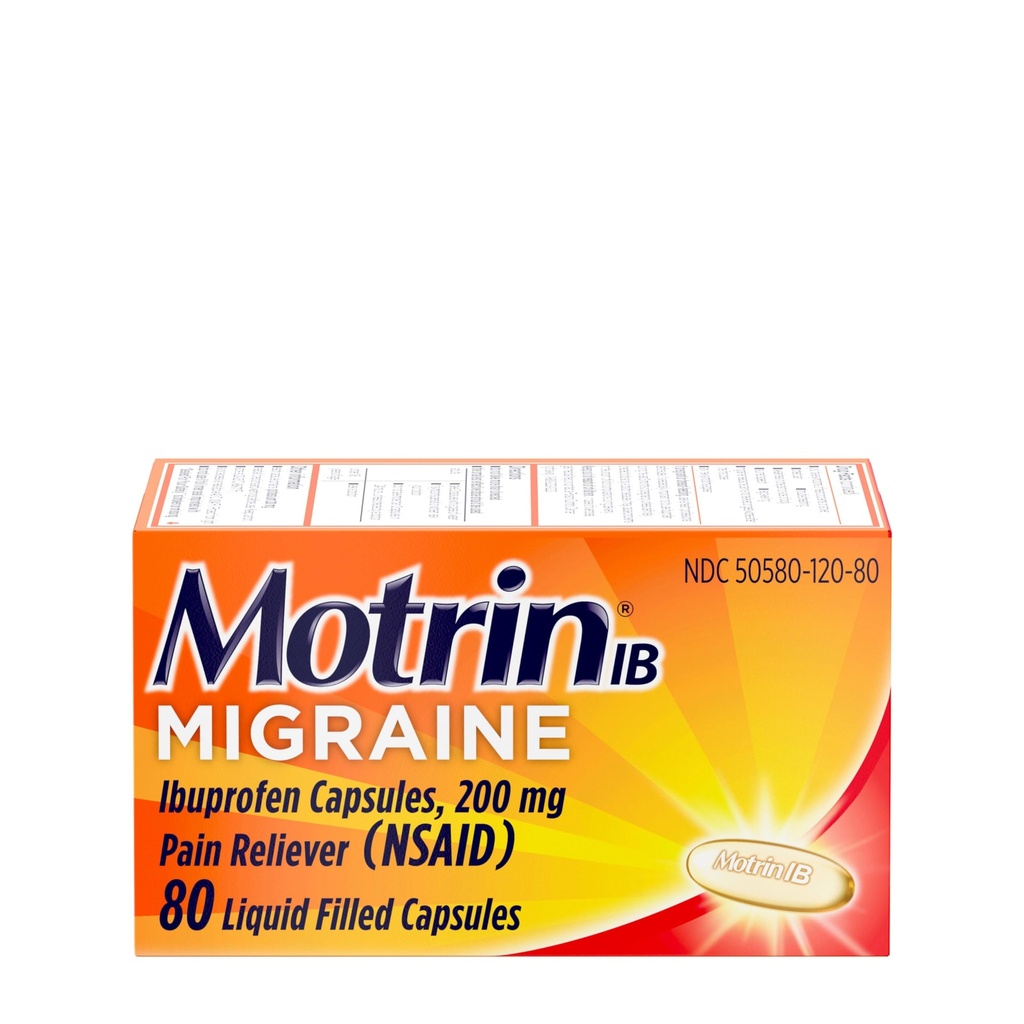 Motrin IB Migraine Relief Líquido Gel capsules con 200 mg Ibuprofeno por cápsula, rápido y eficaz dolor de cabeza migraña Medicina con Alivio de Dolor NSAID Ibuprofeno, libre de cafeína, 80 ct