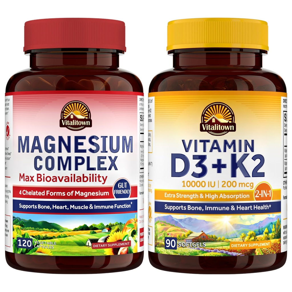 Complejo de Magnesio de Vitalitown &amp; Vitamina D3 K2 Bundle (Pack of 2) Silencio para el corazón de Bone Immune &amp; Muscle