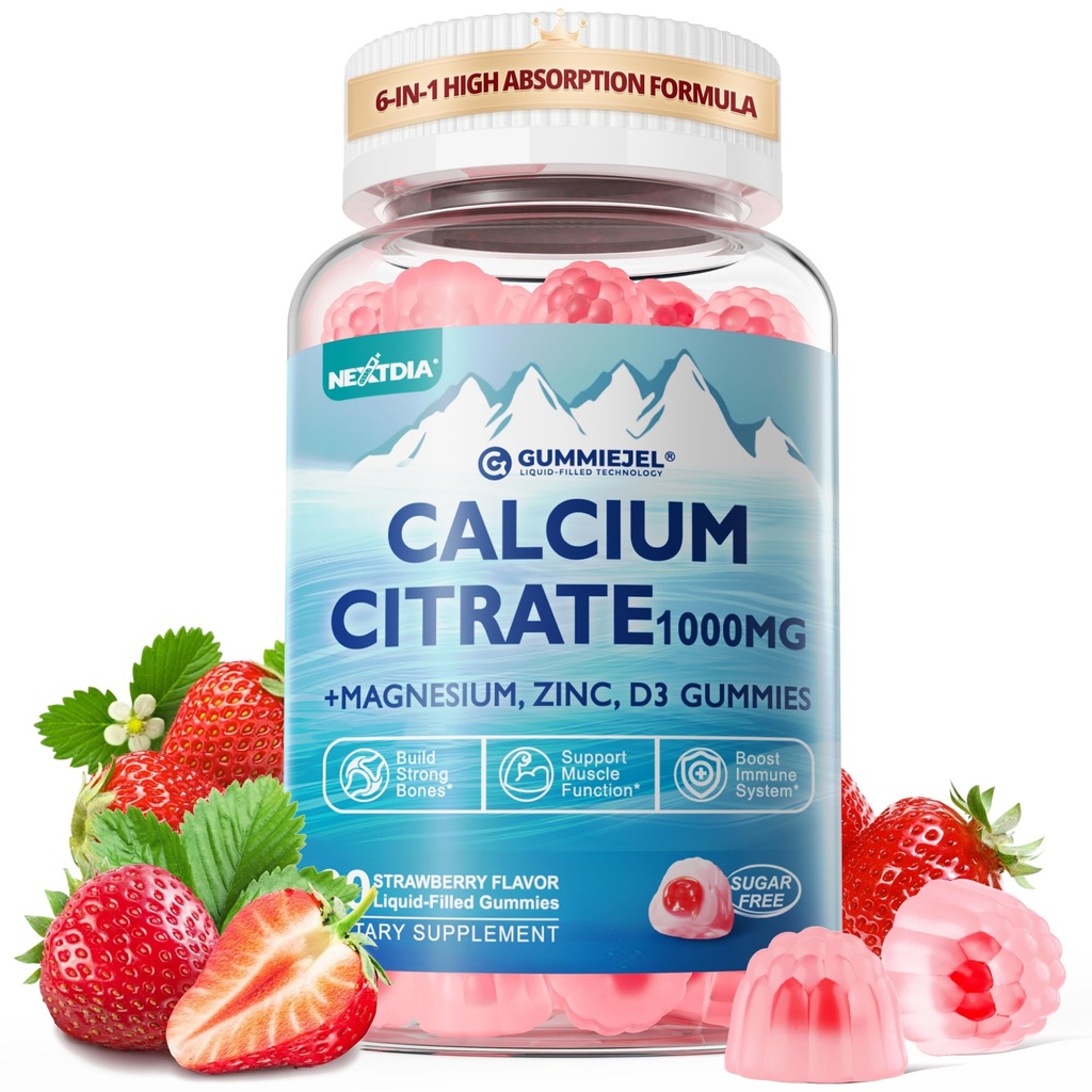 Calcio Citrate Suplemento 1000mg para Hombres, 6-en-1 Calcio Magnesio Zinc Gummies + Vitamina D3, B6 &amp; Potasio Alta Absorción para Huesos, Dientes, Muscle &amp; Nerve Health, Vegan, Sugar Gratis,60Cts