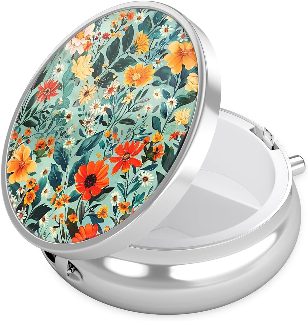 Nipichsha Pill Box, Small Pill Case for Purse & Pocket, Cute Travel Medicine Organizer, Portable Medicine Container Holder to Hold Vitamins, Medication, Fish Oil &amp; Supplement, B06-Beautiful Flowers
