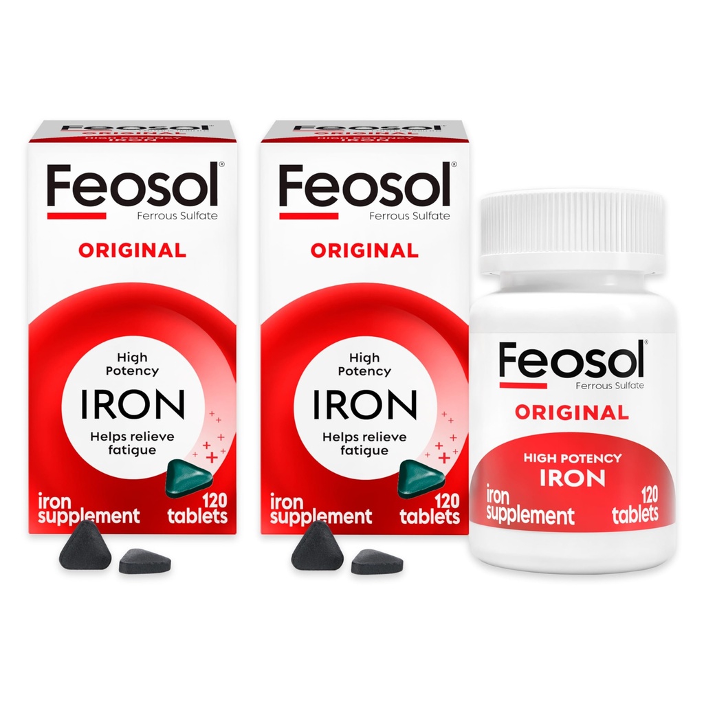 Feosol Original Iron Supplement Tablets,No-heme 325mg Ferrous Sulfate (65mg Elemental Iron) per Pill, 1 Por día, 4 Month Supply, for Energy and Immune System Support (120 ct Pack of 2)