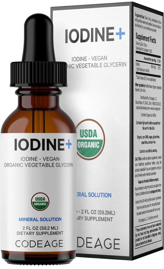 Codeage USDA Certified Organic Iodine Drops - 250 Mcg Por Serving - 1+ Year Supply - Liquid Iodide Supplement - Pure, Clear Iodine - Vegan Potassium Iodine Liquid Drop - 2 fl oz