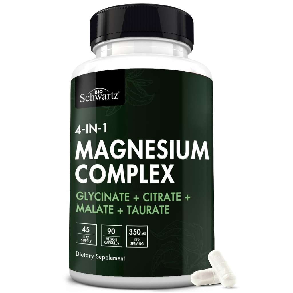 BioSchwartz Magnesium Complex Supplement (90 Capsules) 350mg Magnesium Glycinate Citrate Malate and Taurate Por Serving for Healthy Nerves Muscles Heart Sleep Support (Vegan, Gluten-Free, Non-GMO)