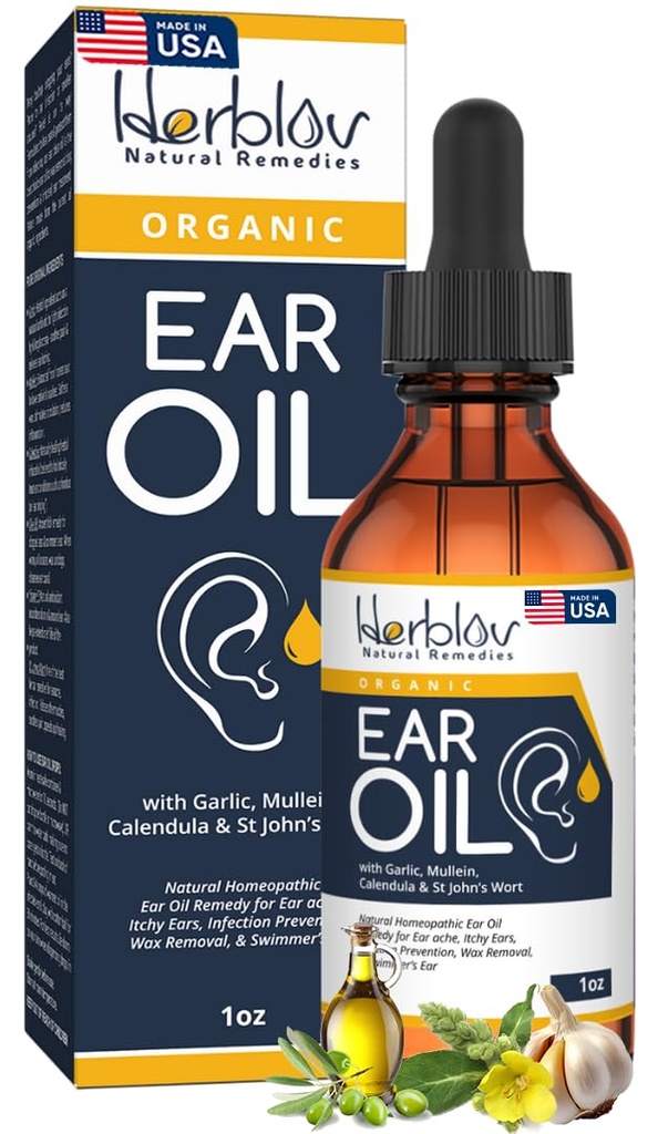 Aceite de oído orgánico para las infecciones del oído - Natural Eardrops for Infection Prevention, Swimmer's Ear &amp; Wax Removal - Niños, Adultos, Baby, Dog Earache Remedy - con Mullein, Ajo, Calendula, Made in USA