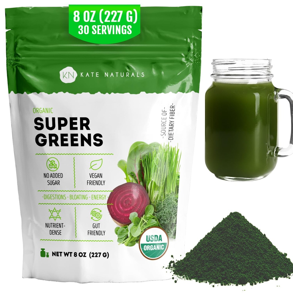 Kate Naturals Organic Super Greens Powder. Verdes Superfood Blend con Probióticos Fiber para Smoothies y Juice (30 Serviciones, 8oz, Natural)