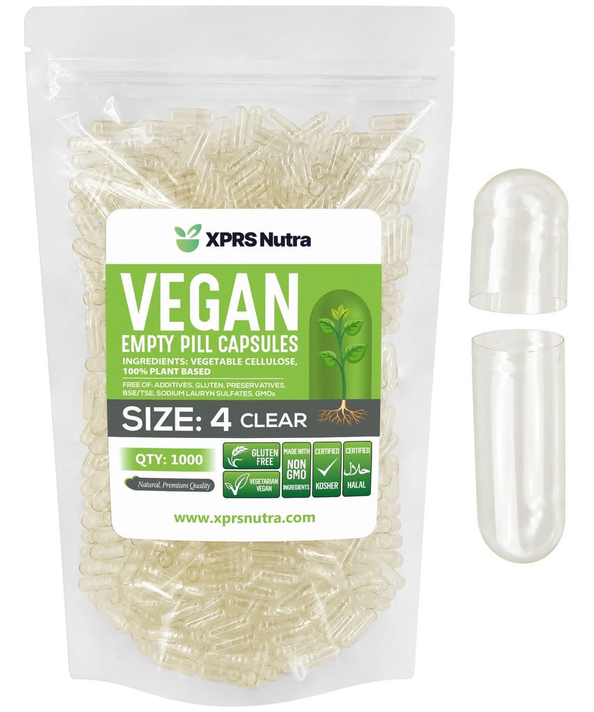 XPRS Nutra Tamaño 4 cápsulas vacías - 1000 Contar pequeñas cápsulas vegas vacías vacías- píldoras vegetarianas - DIY Vegetable capsule relleno - Fillable Do-It-youself Veggie Caps for Supplements