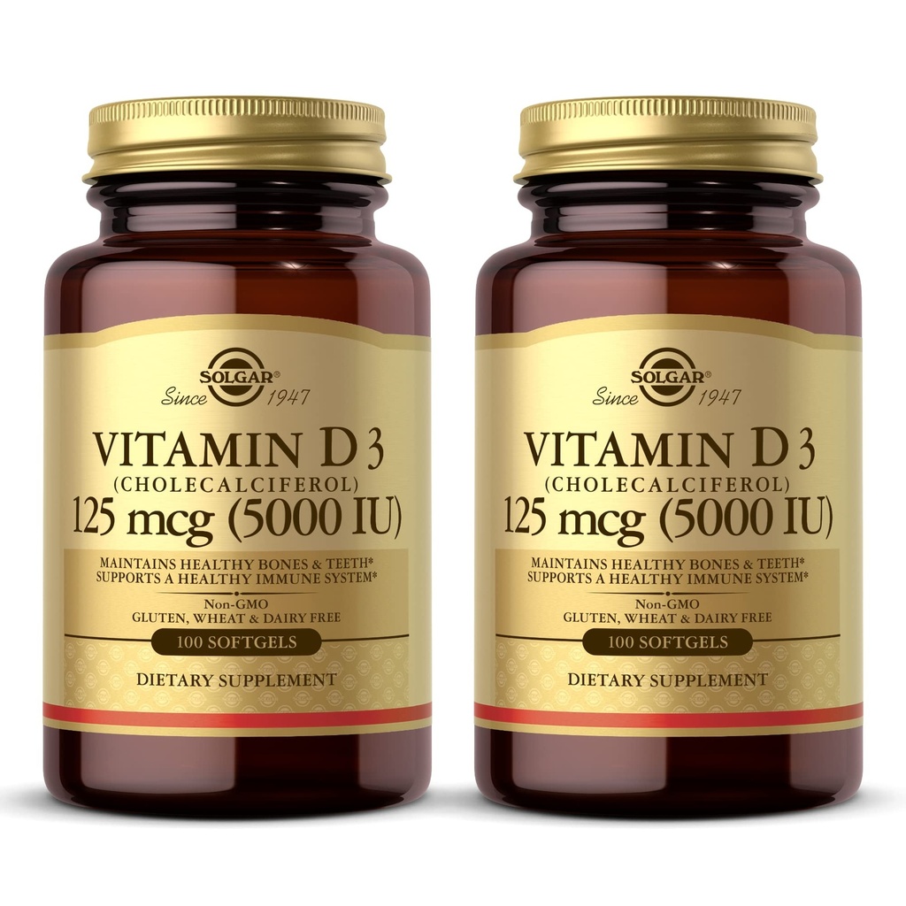 Solgar Vitamina D3 (Cholecalciferol) 10 mcg (400 UI) - 100 Softgels, Pack de 2 - Ayuda a mantener los huesos saludables " dientes - Apoyo al sistema inmunológico - No GMO, Gluten Free, Dairy Free - 200 Total Servings
