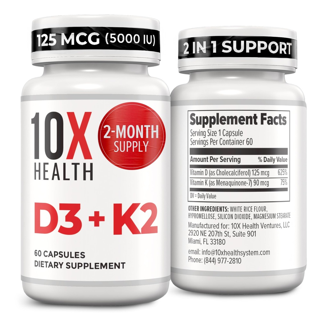 10X Health Vitamin D3 5000 UI & K2 MK7 - Menaquinone 7, High-Potency D3 K2 Vitamin Supplement for Bone Health, Heart and Teeth - 125 mcg Vitamina D & 90 mcg Vitamina K2-60 cápsulas