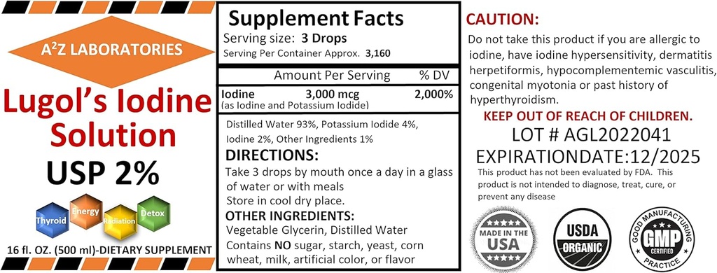 1x16 OZ Iodida orgánica de Lugol y Potasio 2% Solución 3000 mcg -Liquid Suplemento gotas para soporte tiroides para hombres, Metabolismo Salud, Detox Boost -16 Fl Oz /Ships Hoy!