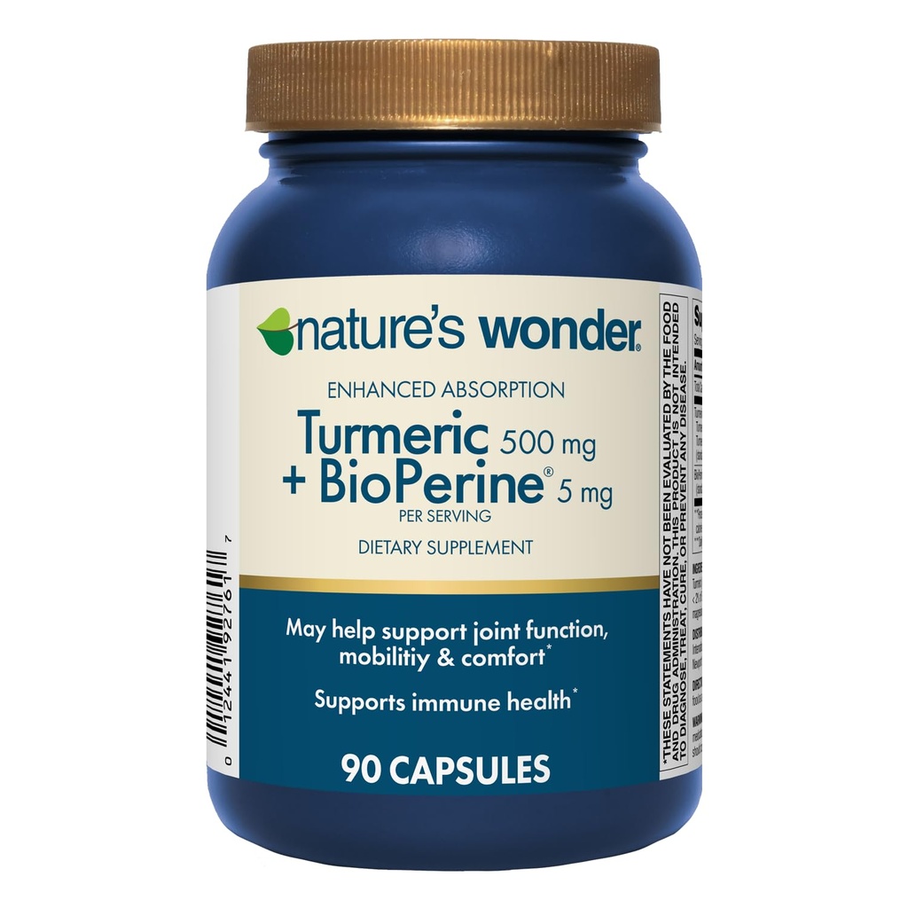 Suplemento Turmérico de la Naturaleza con BioPerine - Absorción Mejorada Complejo Turmérico 500mg con BioPerine 5mg para Función Conjunta, Movilidad y Confort, 90 cápsulas turméricas vegetarianas