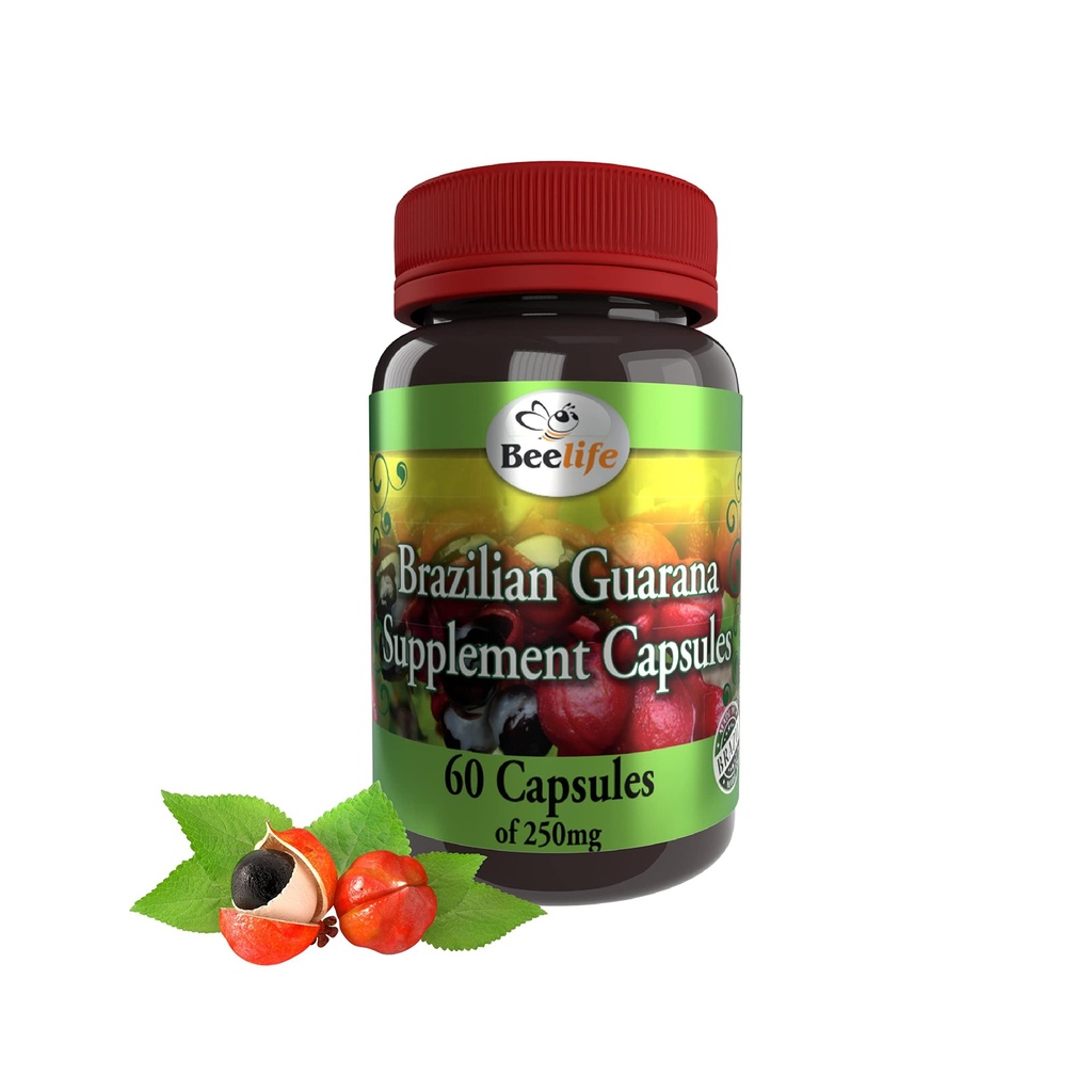 Beelife Brasileño Guaraná Capsules - Suplementos de cafeína natural de Brasil - Energía & mental, Muscle Strength Support - Zero Gluten, No Sugar Pre Workout para Hombres - 250mg 60 Caps