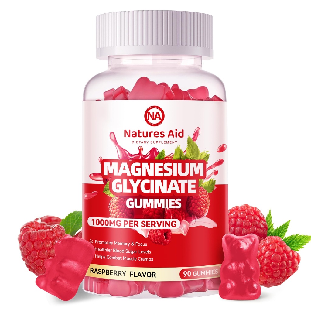 Magnesio Glycinate Gummies 1000mg - Suplemento de Potasio de Magnesio Libre de Azúcar con Vitamina D, B6, CoQ10 para calma Mood &amp; Sleep Support - 90 Raspberry Gummies.