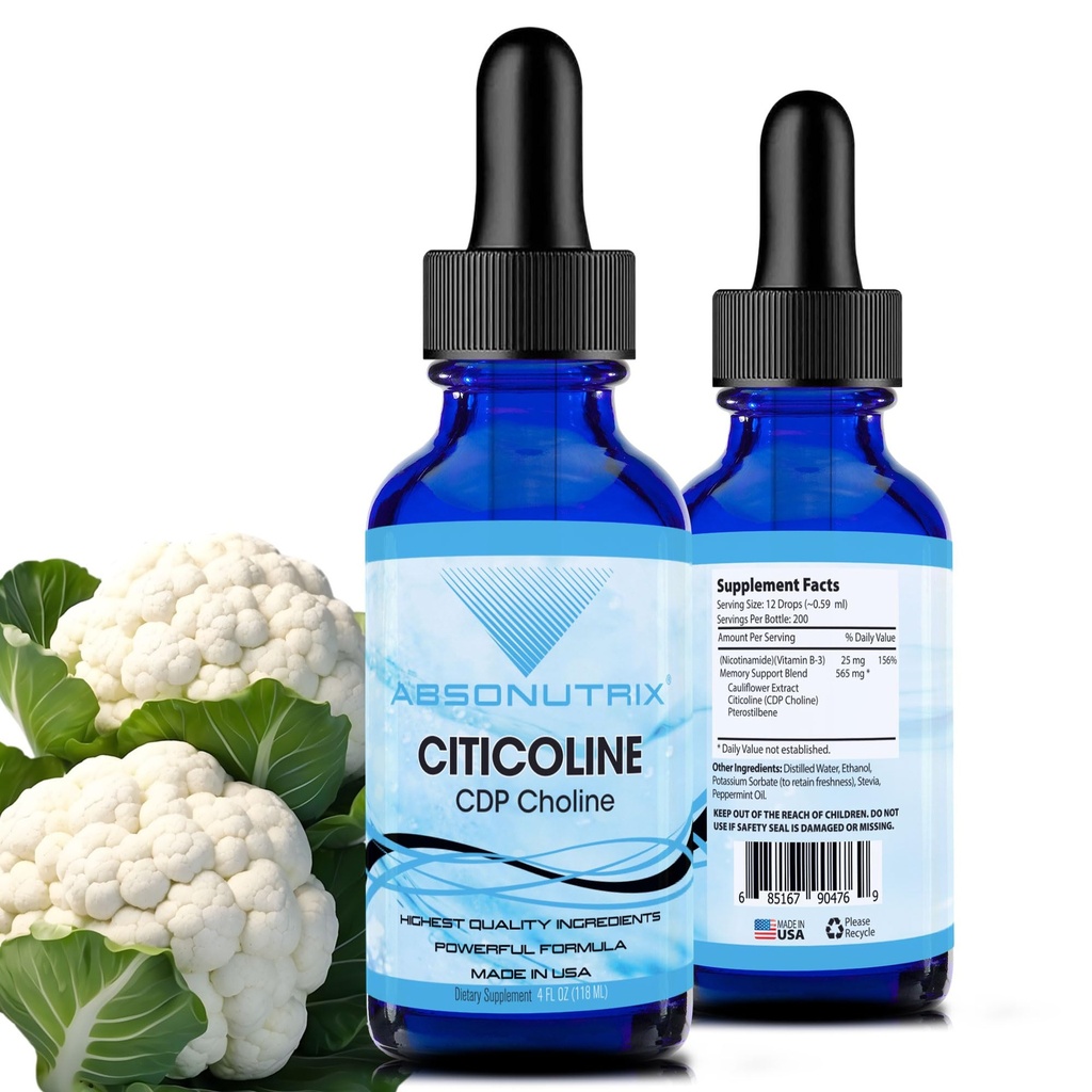 Citicoline 590 mg, 4 Oz Bottle, 200 Servings, Made in USA, Quick Absorption, Quality Potent Ingredients, Non-GMO, GMP Certified, Cruelty-Free Products