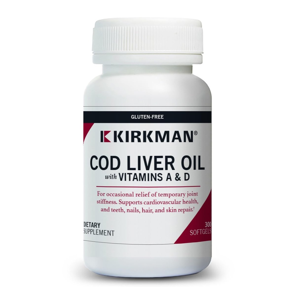 Kirkman - Cod Liver Oil with Vitamin A &amp; D - 300 Softgels - Essential Fatty Acids - Supports Foundational Health - Hypoallergenic