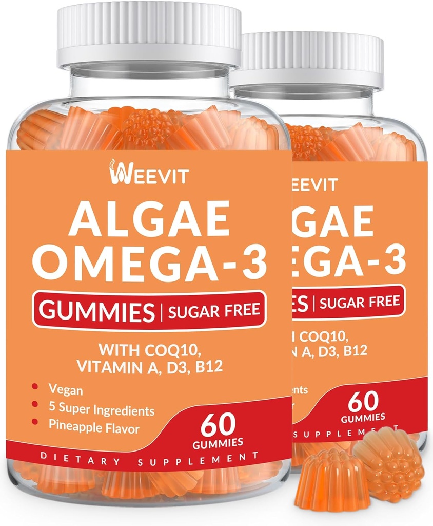 Vegan Omega 3 Gummies, Algae Omega-3 Suplemento DHA 240mg, EPA 110mg w/Vitamin B12, CoQ10, Fish Oil Alternative for Adults - Brain, Bone, Eye &amp; Immunity Support