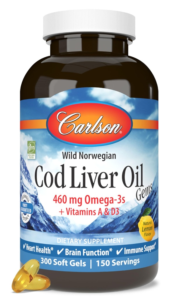 Carlson - Cod Liver Oil, 460 mg Omega-3 + vitaminas A & D3, Wild-Caught Norwegian Arctic Cod-Liver Oil, Sostentablemente Fuented Nordic Fish Oil Capsules, Lemon, 300 Softgels
