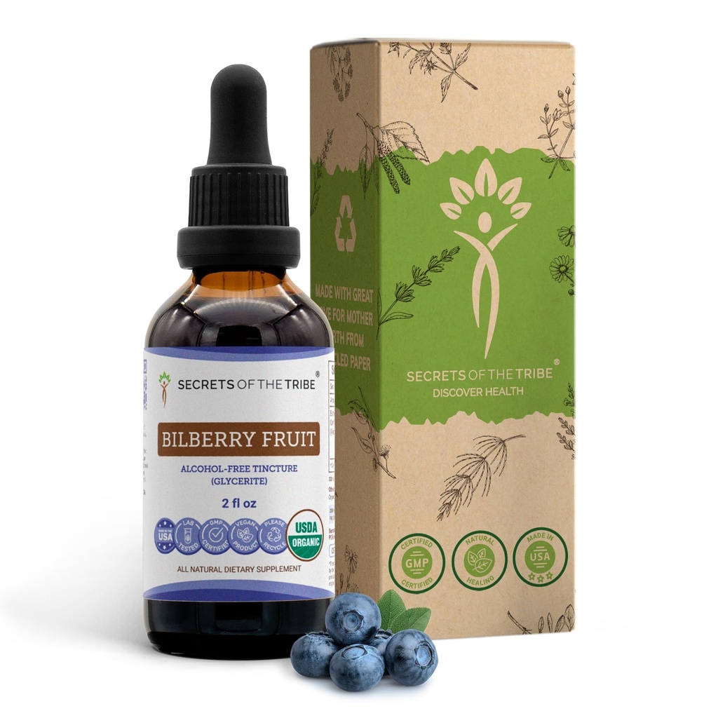 Secrets of the Tribe Bilberry Fruit USDA Orgánica ← Extract libre de alcohol, gotas herbales de alta potencia, Visión ← Hecho de 100% Certified Organic Bilberry (Vaccinium Myrtillus) Fruta seca 2 oz